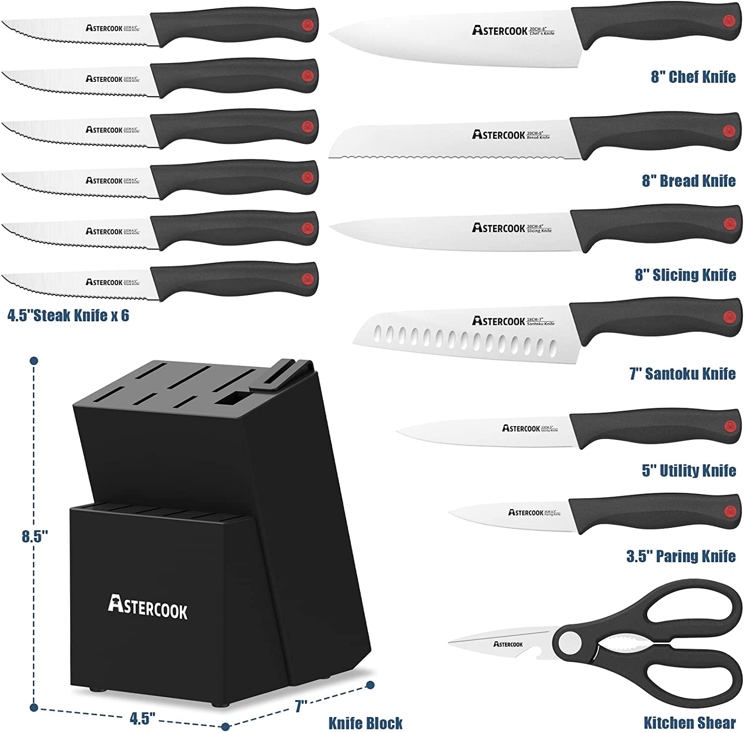 Astercook Knife Set with Built-In Sharpener Block, Dishwasher Safe Kitchen Knife Set with Block, 14 Pcs High Carbon Stainless Steel Block Knife Set with Self Sharpening and 6 Steak Knives, Black…