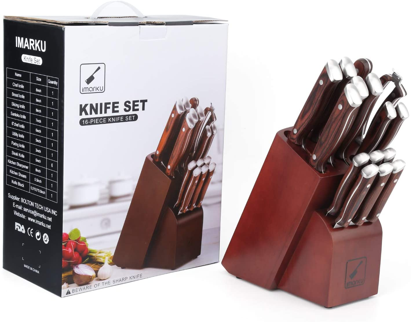 Japanese Knife Set, Imarku 16-Piece Professional Kitchen Knife Set with Block, Chef Knife Set with Knife Rod, German High Carbon Steel Kitchen Knives Set