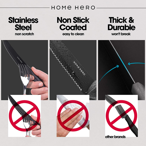 Image of Home Hero 8 Pcs Stainless Steel Steak Knife Set - Serrated Steak Knives Set - Dishwasher Safe - (Black, Stainless Steel)