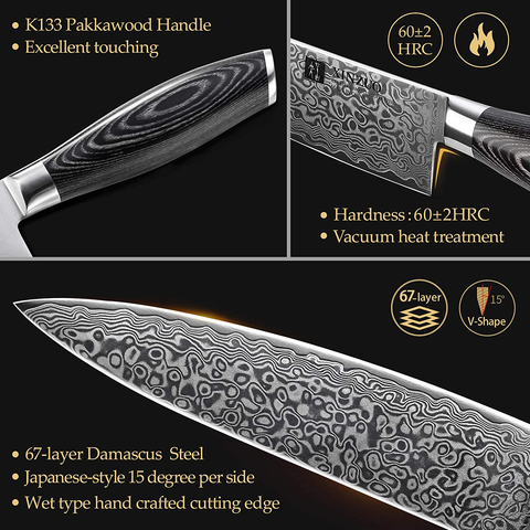 Image of XINZUO 7PC Damascus Steel Knife Block Sets, Professional High Carbon Steel Chef Knife Santoku Slicing Utility Fruit Knife with Multifunctional Kitchen Shears,Ergonomic Pakkawood Handle - Ya Series