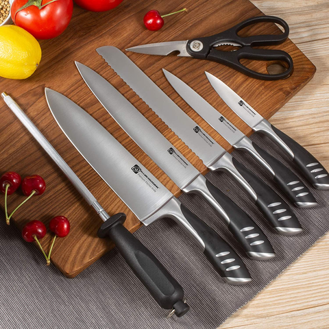 Image of Premium 8-Piece German High Carbon Stainless Steel Kitchen Knives Set with Rubber Wood Block, Professional Double Forged Full Tang Chef Knife Set