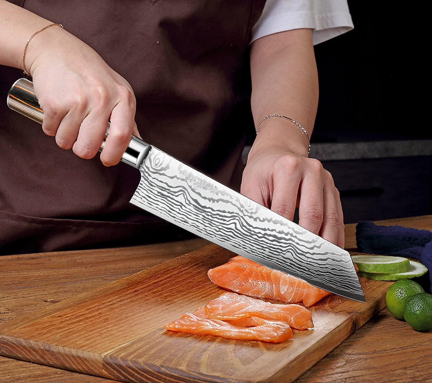 KITORY Kiritsuke Knife Chef`S Knife 7.5" Damascus Pattern Japanese Kitchen Knives with Sheath for Meats, Sushi and Vegetables, German HC Steel, Pakkawood Handle for Home&Restaurant-Flamingo SERIES