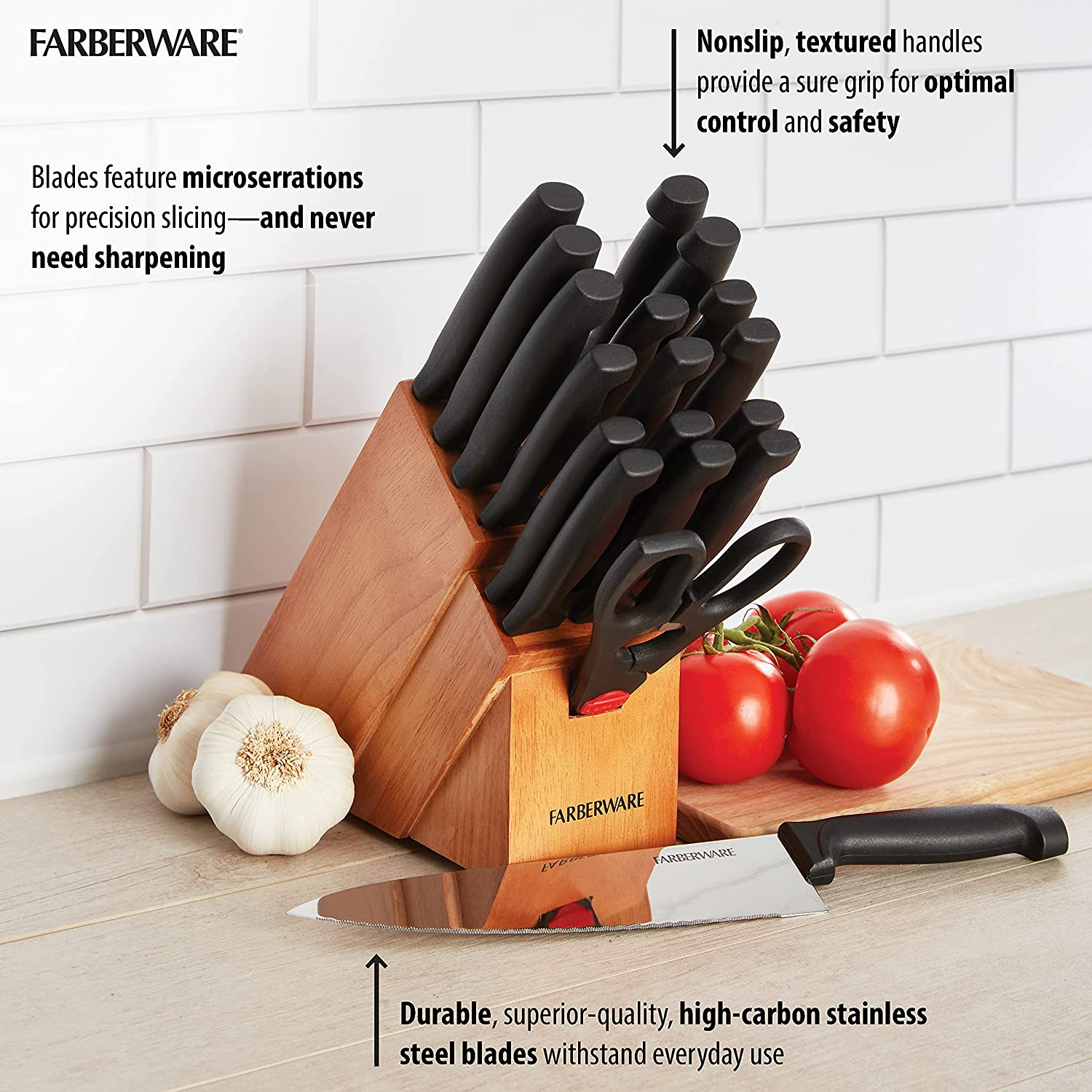 Farberware 18-Piece Never Needs Sharpening High-Carbon Stainless Steel Knife Block Set with Non-Slip Handles, Black