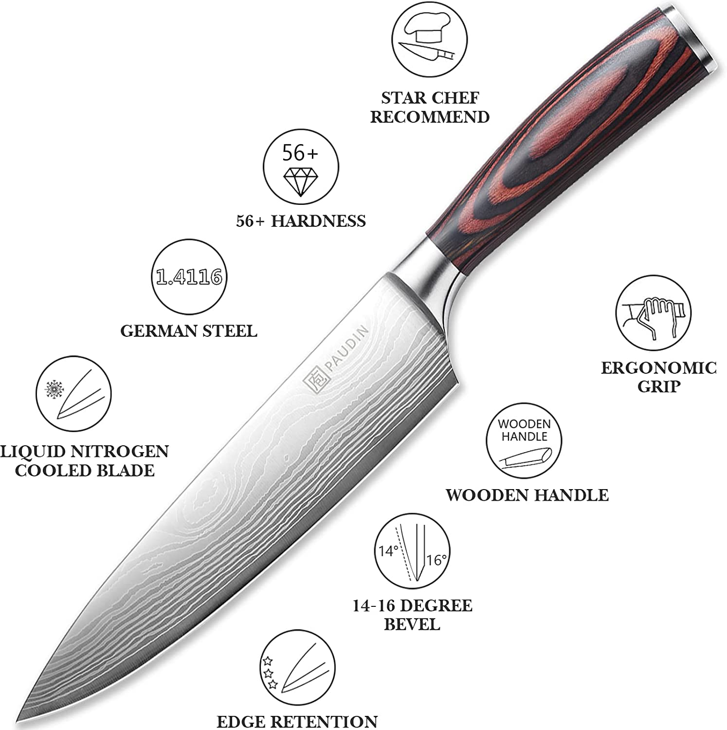 Chef Knife PAUDIN N1 8 Inch Kitchen Knife, German High Carbon Stainless Steel Sharp Knife, Professional Meat Knife with Ergonomic Handle and Gift Box for Family & Restaurant