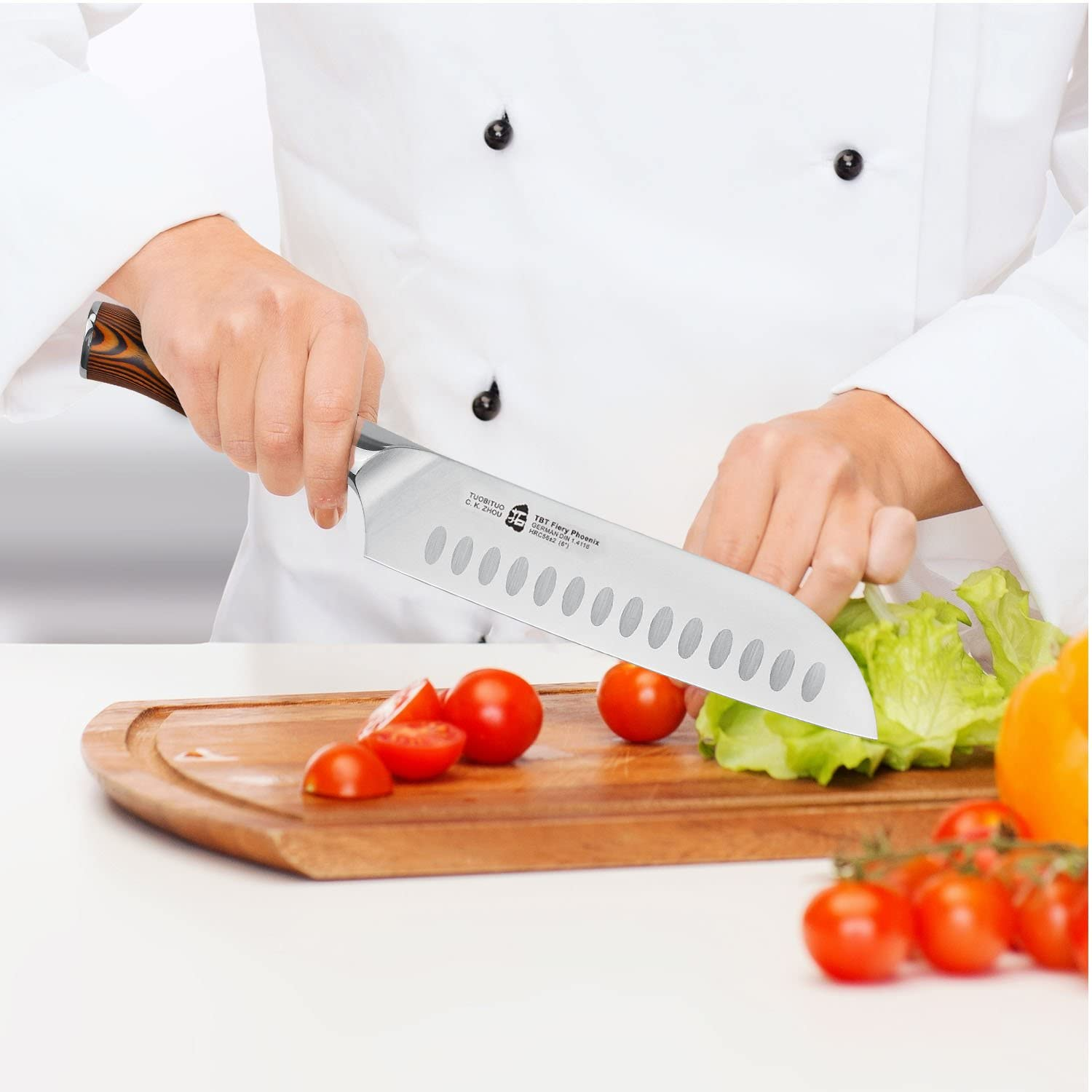 TUO Santoku Knife - Asian Granton Chef Knife - Hollow Ground High Carbon German Steel Kitchen Cutlery - Ergonomic Pakkawood Handle - Gift Box Included - 7 Inch - Fiery Phoenix Series