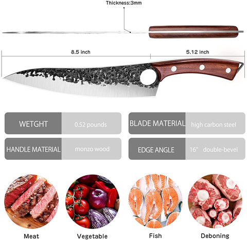 Image of PURPLE DRAGON Hand Forged Kitchen Knife 8 Inch Meat Butcher Full Tang Chef Knives High Carbon Steel Sharp Meat Cleaver Boning Knife with Gift Box for Slicing Fish Cutting Meat BBQ
