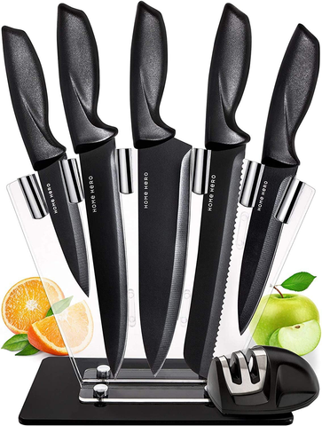 Image of Home Hero 7 Pcs Kitchen Knife Set - Block Knife Set - 5 Black Stainless Steel Knives & Knife Sharpener with Acrylic Stand (Black, Stainless Steel)