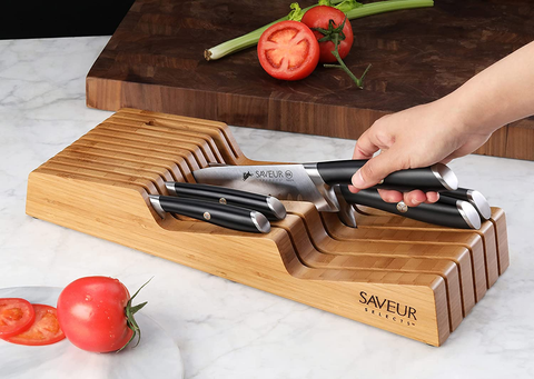 Image of Saveur Selects 1026306 German Steel Forged 6-Piece Knife Set with Bamboo in Drawer Storage Knife Block