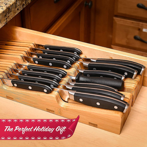 In-Drawer Bamboo Knife Block - Holds 14 Knives plus a Slot for Your Knife Sharpener, Premium Knife Drawer Organizer, Perfect Knife Organizer Drawer Insert or Drawer Knife Holder (2" Tall, 17" Deep)