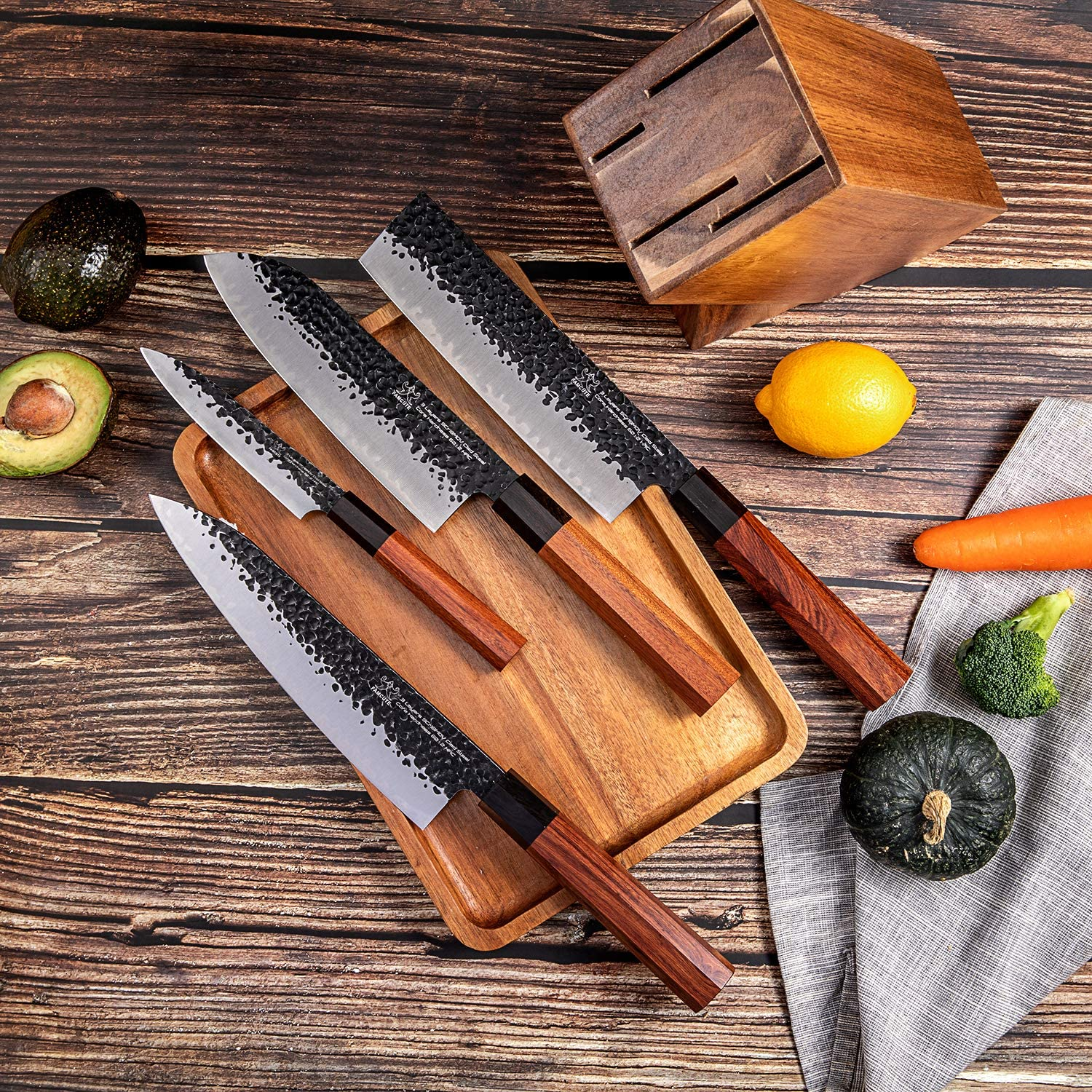 FAMCÜTE Japanese Chef Knife Set, 3 Layer 9CR18MOV Clad Steel W/Octagon Handle and Block Wooden Holder for 4Piece Kitchen Knife Set (8” Gyuto Knife, 7” Nakiri Knife, 7” Santoku Knife, 5” Utility Knife)