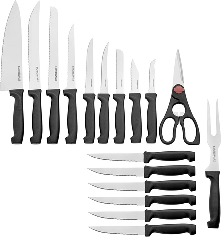 Image of Farberware 18-Piece Never Needs Sharpening High-Carbon Stainless Steel Knife Block Set with Non-Slip Handles, Black