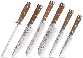 BGT Japanese 67 Layer High Grade VG-10 Super Damascus Steel Knives, Sharp, Teak Handle Professional Hammered Kitchen Knife Set with Knife Roll Bag 6Pcs Set (Silver Blade)