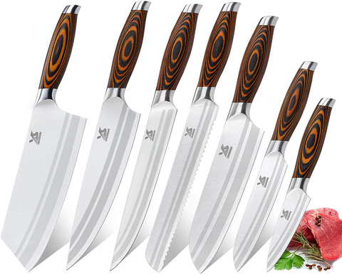 Image of MSY BIGSUNNY 7-PCS Knife Set, Tang Series Kitchen Knife Set with Cleaver Knife, German Stainless Steel for Chef Knife Set with Pakkawood Handle, Perfect Cutlery Set Gift