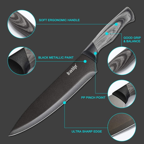 Image of Bravedge Chef Knife, 8 Inch Kitchen Knife with Sheath, High Carbon Stainless Steel Ultra Sharp Cooking Knife with Ergonomic Handle, Well Balanced & Easy to Clean & Dishwasher Safe