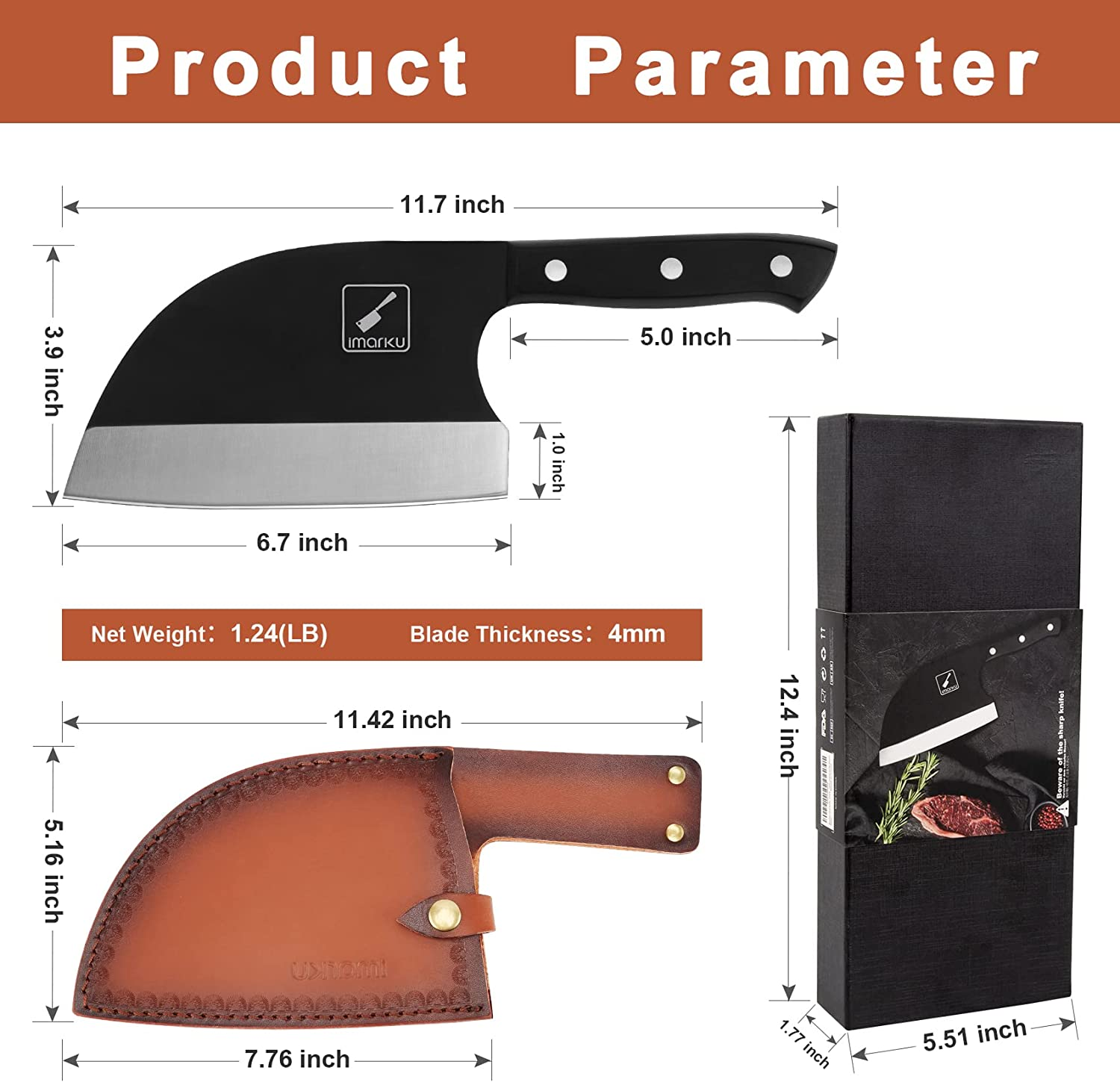 Butcher Knife - Imarku 7 Inch Sharp Meat Cleaver Hand Forged Serbian Chefs Knife with Leather Sheath High Carbon Steel Cleaver Knife for Kitchen, Camping, BBQ - Perfect Birthday Gifts for Men