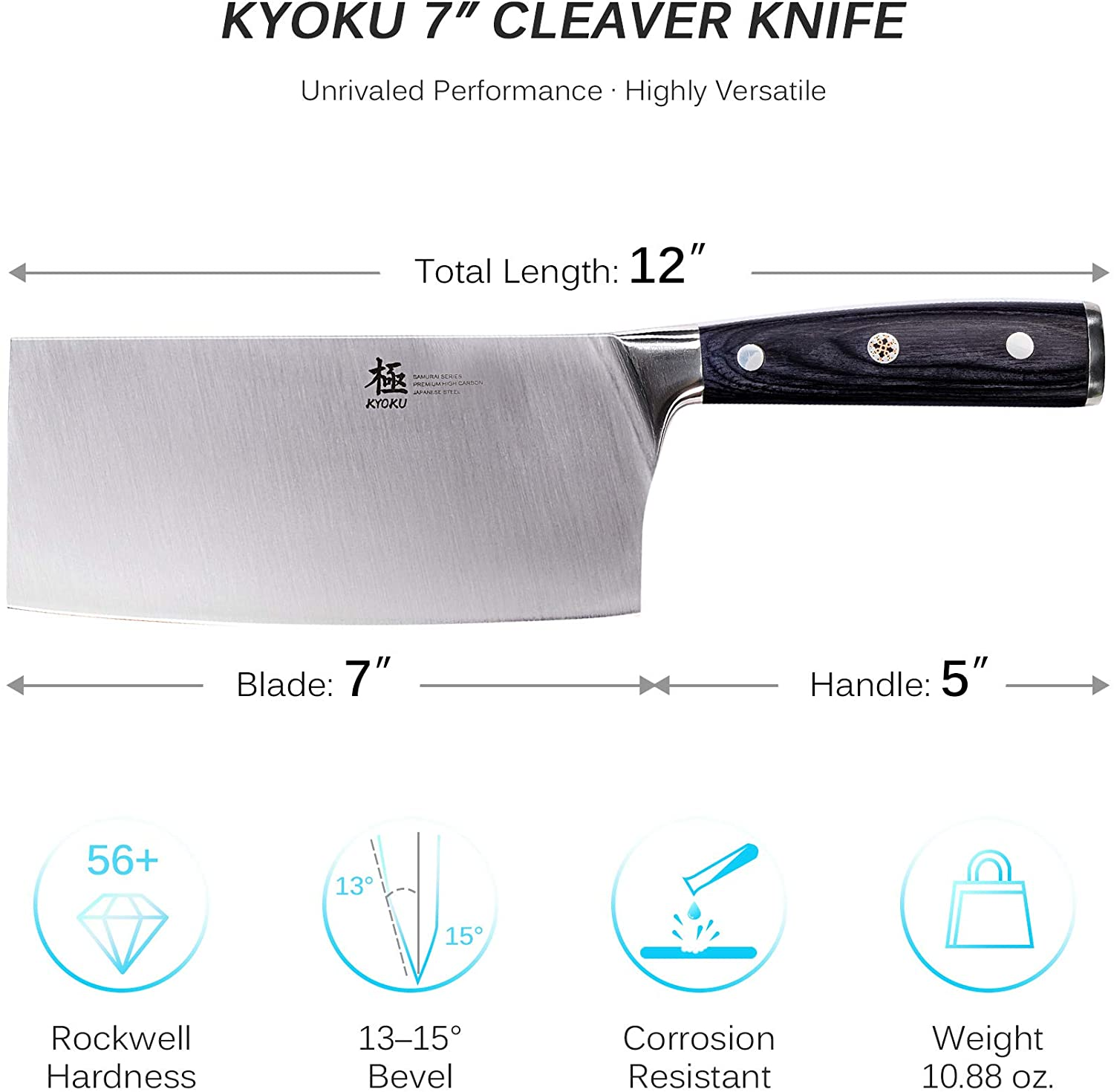 KYOKU Samurai Series - 7" Cleaver Knife - Full Tang - Japanese High Carbon Steel Kitchen Knives - Pakkawood Handle with Mosaic Pin - with Sheath & Case