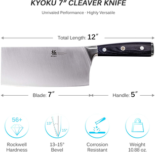 KYOKU Samurai Series - 7" Cleaver Knife - Full Tang - Japanese High Carbon Steel Kitchen Knives - Pakkawood Handle with Mosaic Pin - with Sheath & Case