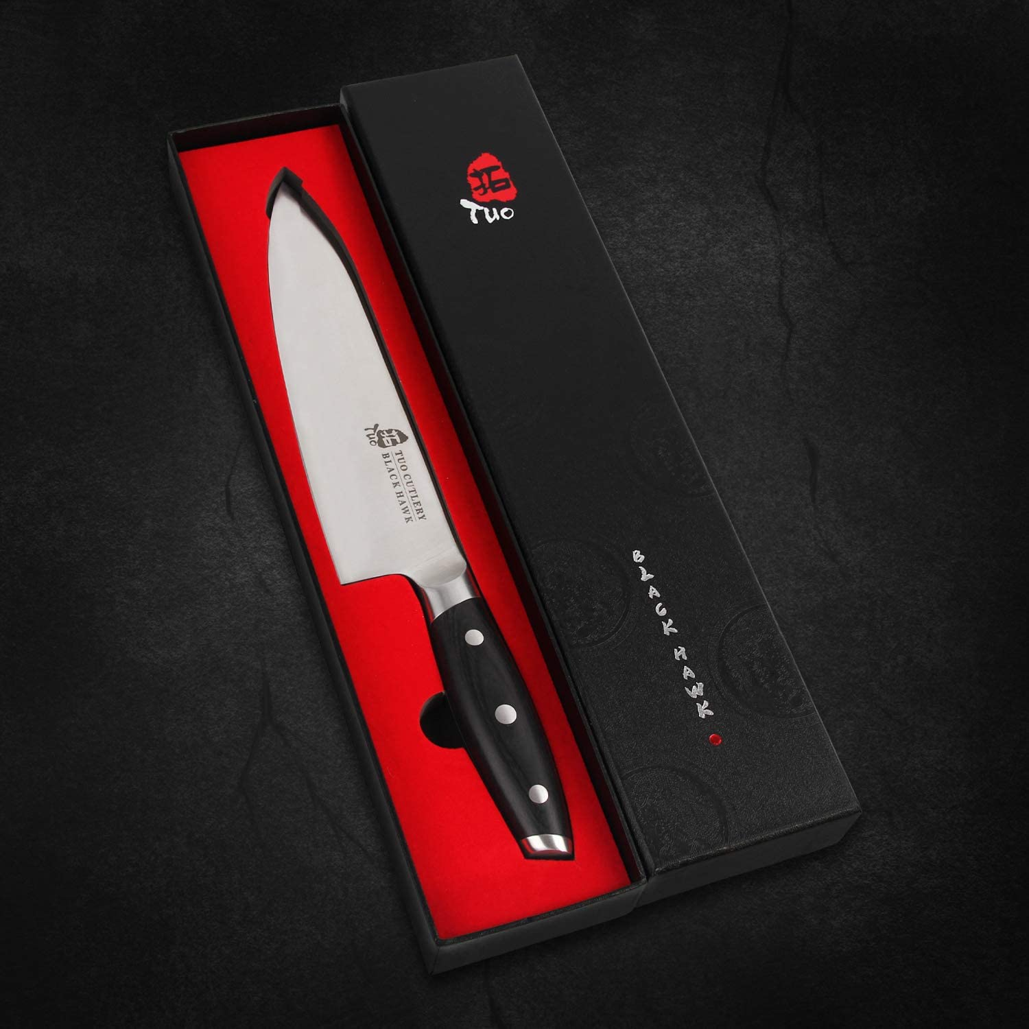 TUO Chef Knife - 8 Inch Kitchen Chefs Knives Professional Cooking Knife - German HC Steel - Full Tang Pakkawood Handle - BLACK HAWK SERIES with Gift Box
