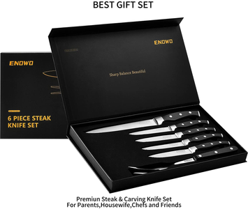 Enowo Steak Knife Set,4 Serrated Steak Knives Carving Knife Meat Fork Made from German Stainless Steel,Ultra-Sharp Rust Proof Full-Tang with Gift Box for Family Dinner,Picnic,Party,Special Holidays