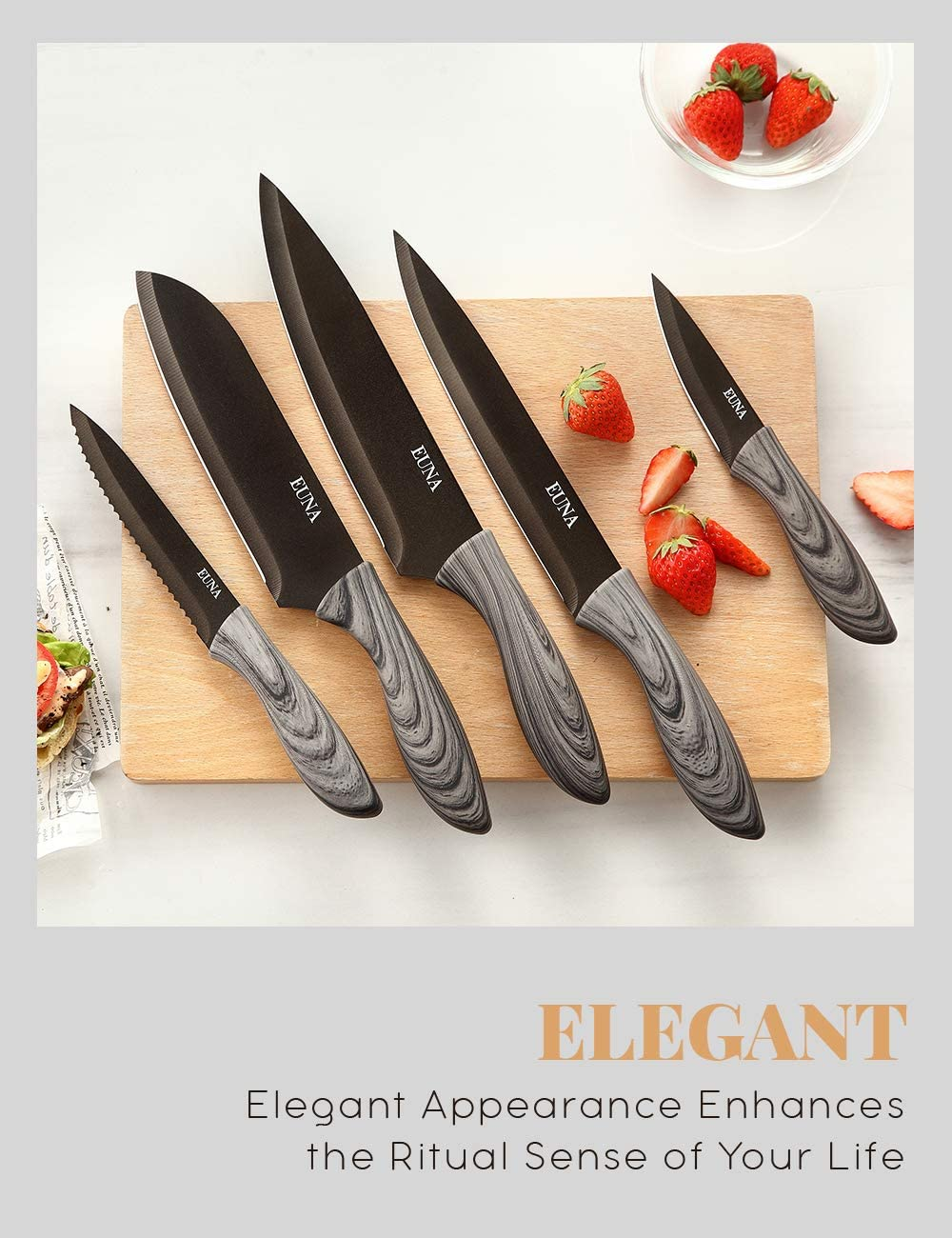EUNA Kitchen Knife Set with Multiple Sizes, [Ultra-Sharp] Japanese Knives with Sheaths and Gift Box, Chef Knife Set for Professional Multipurpose Cooking with Ergonomic Handle (5PCS)