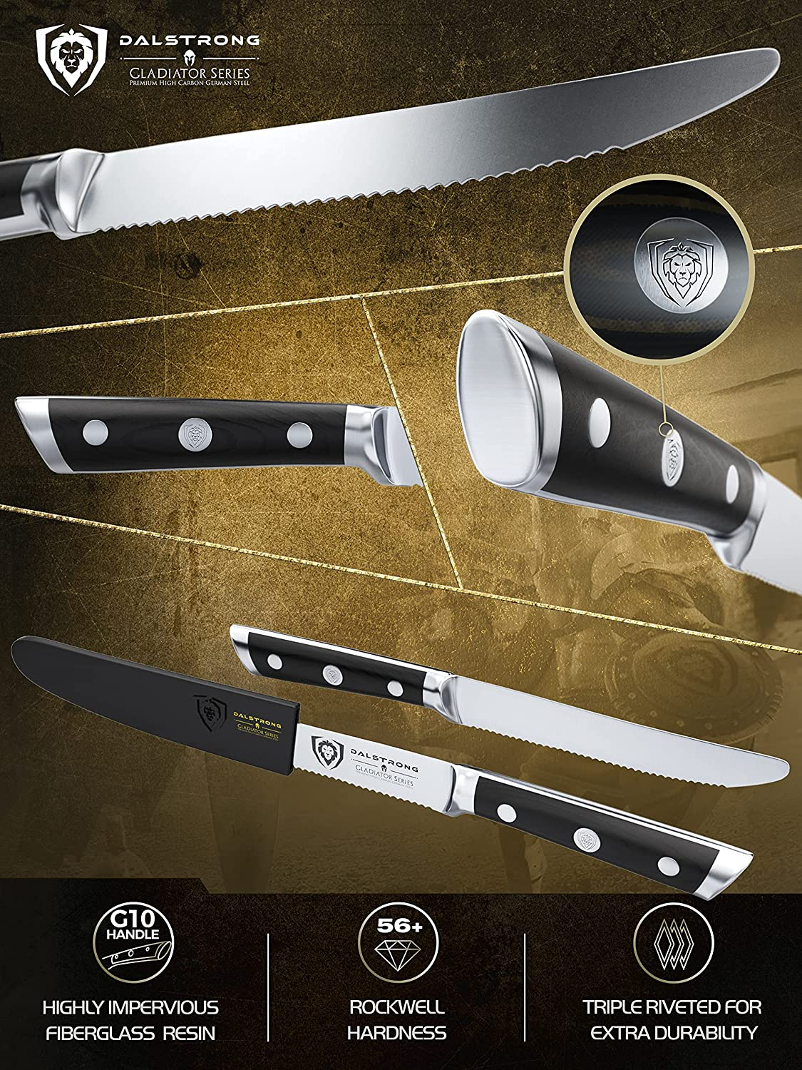 DALSTRONG Steak Knives - Set of 4 - Serrated Blade - Gladiator Series - Forged German High-Carbon Steel - W/Sheaths