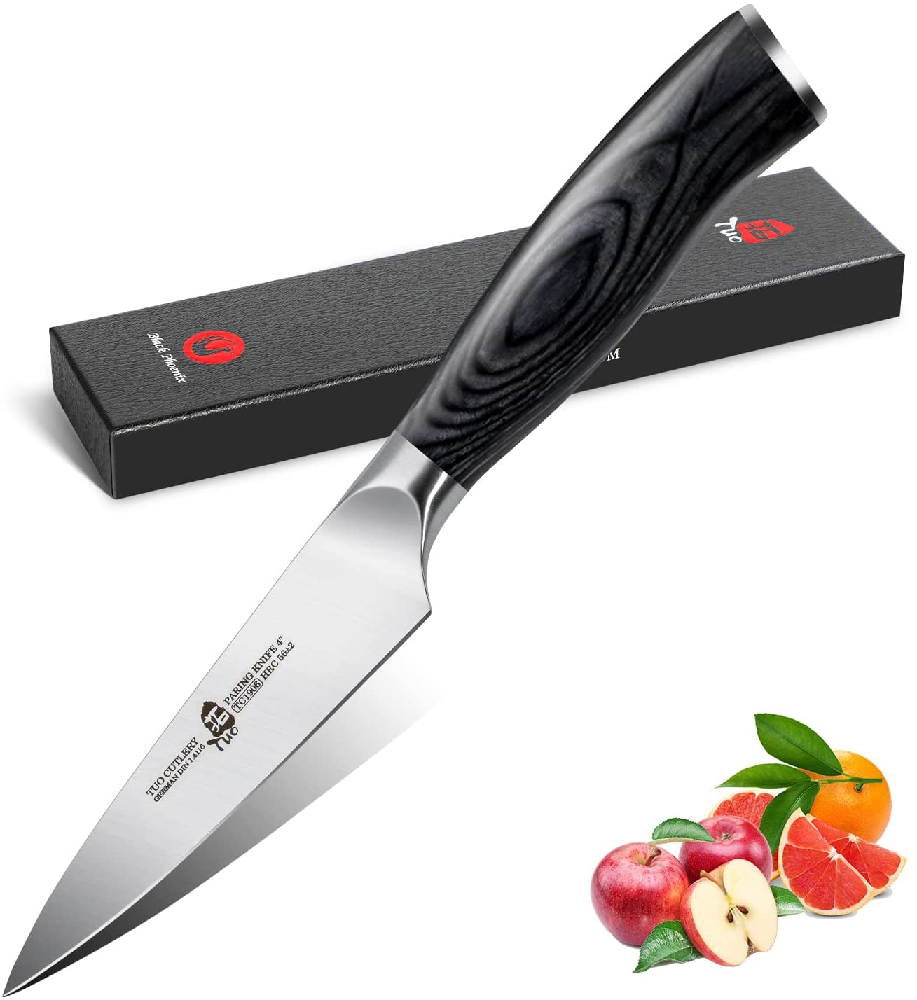 TUO Fruit Knife Veggies Fruit Knives 4 Inch Paring Knife Small Kitchen Knife for Cutting Fruit Ultra Sharp,Ergonomic Pakkawood Handle German Stainless Steel Gift Box, Fiery Phoenix Series - Black