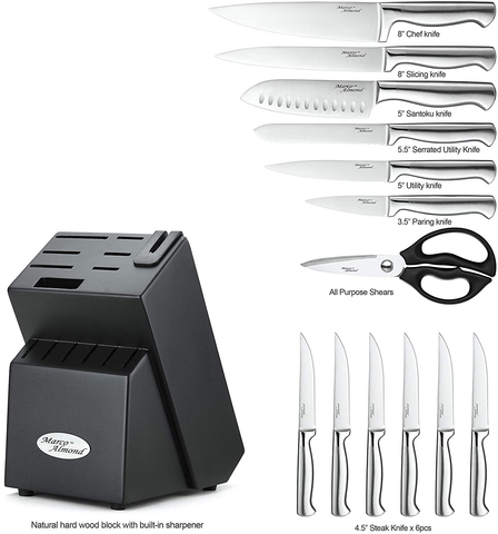 Image of Marco Almond KYA28 Knife Sets, 14 Pieces Stainless Steel Cutlery Kitchen Knife Set with Block, Hollow Handle Self Sharpening Knife Block Set