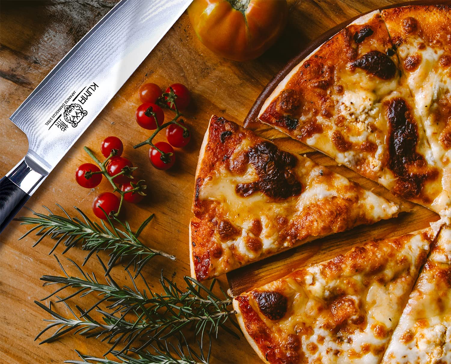 KUMA Professional Damascus Knife - 8 Inch Japanese Chef Knife, AUS10 Core - Corrosion and Stain Resistant - G10 Handle & Sheath Made of Hardened Carbon Steel