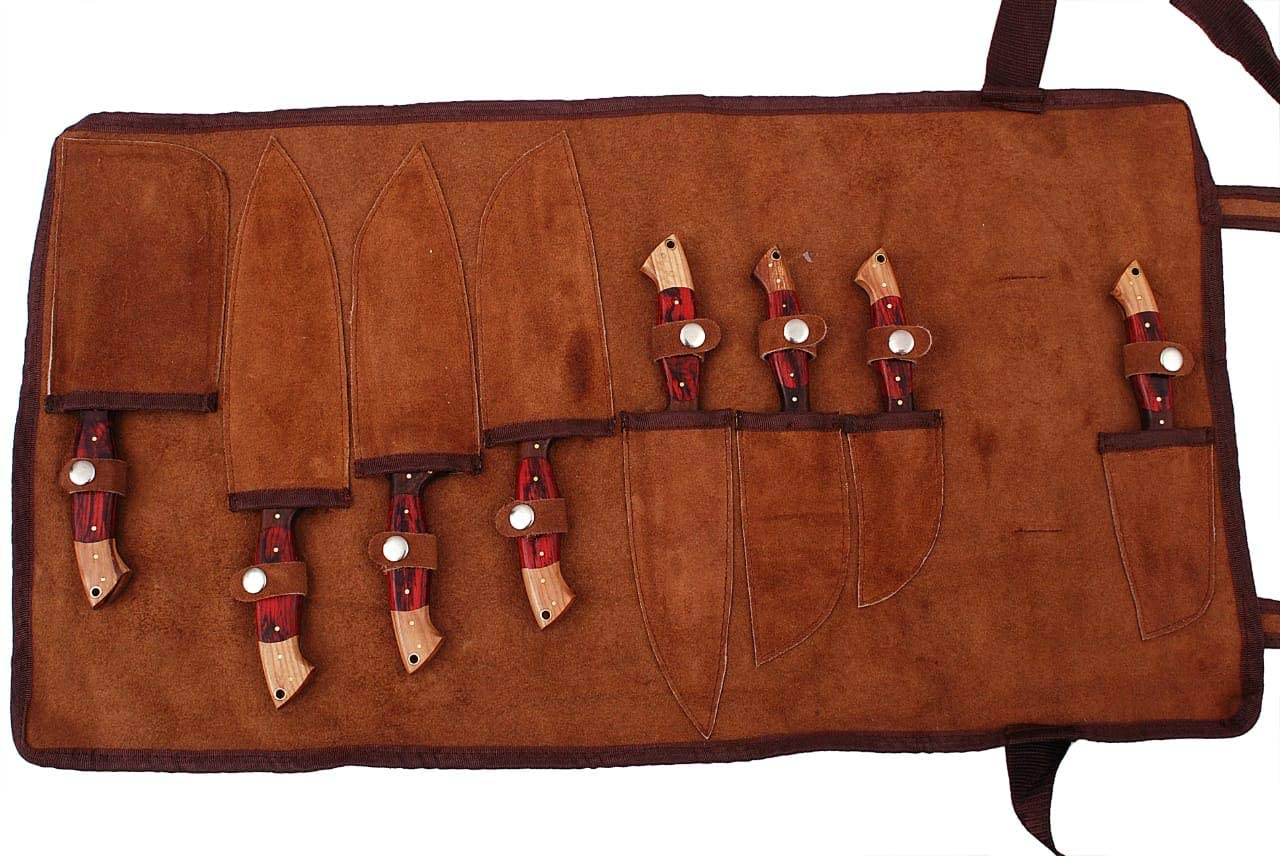 G29RD- Professional Kitchen Knives Custom Made Damascus Steel 8 Pcs of Professional Utility Chef Kitchen Knife Set with Chopper/Cleaver with Pocket Case Chef Knife Roll Bag by Gladiatorsguild (Red)