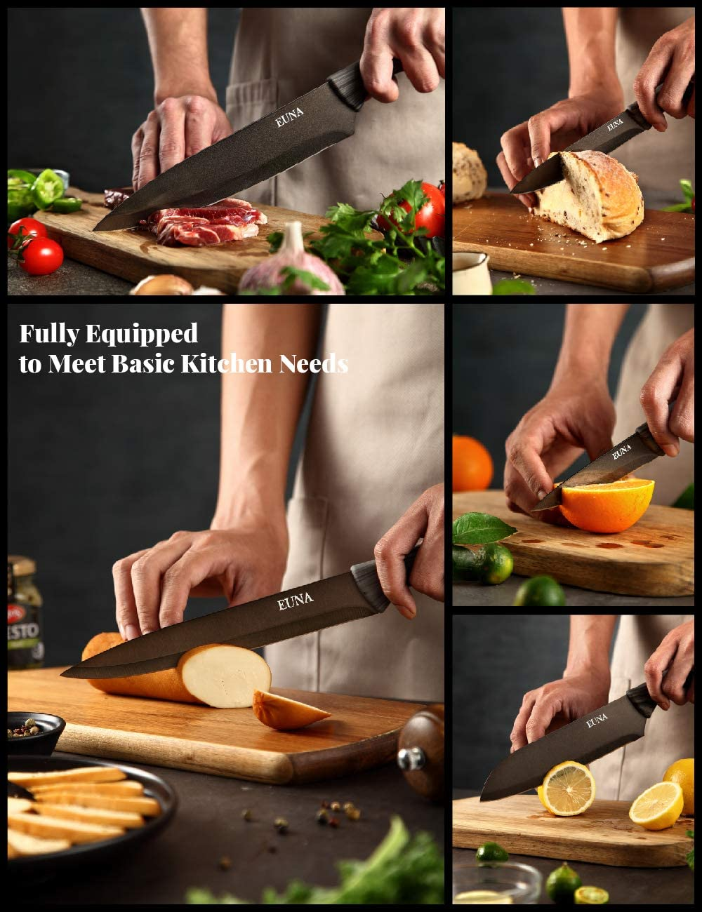 EUNA Kitchen Knife Set with Multiple Sizes, [Ultra-Sharp] Japanese Knives with Sheaths and Gift Box, Chef Knife Set for Professional Multipurpose Cooking with Ergonomic Handle (5PCS)