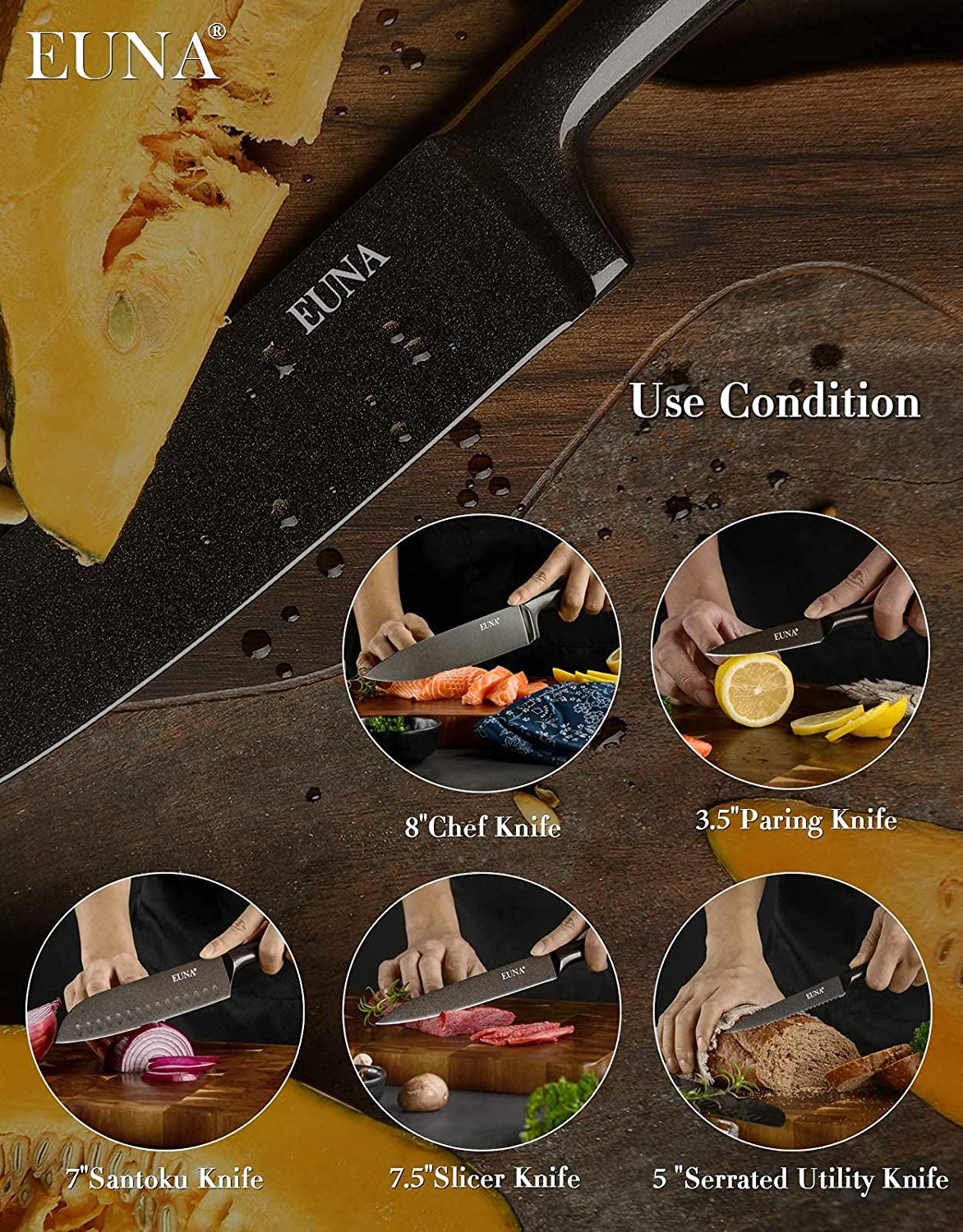 EUNA 5 PCS Kitchen Knife Boxed Set Ultra Sharp Japanese Knives with Sheaths and Gift Box Chefs Knives Set for Professional Multipurpose Cooking with PP Ergonomic Handle (Black-Brown)