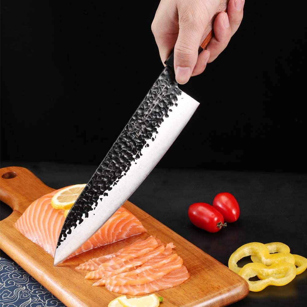FAMCÜTE 8 Inch Japanese Chef Knife, 3 Layer 9CR18MOV Clad Steel W/Octagon Handle Gyuto Sushi Knife for Home Kitchen & Restaurant
