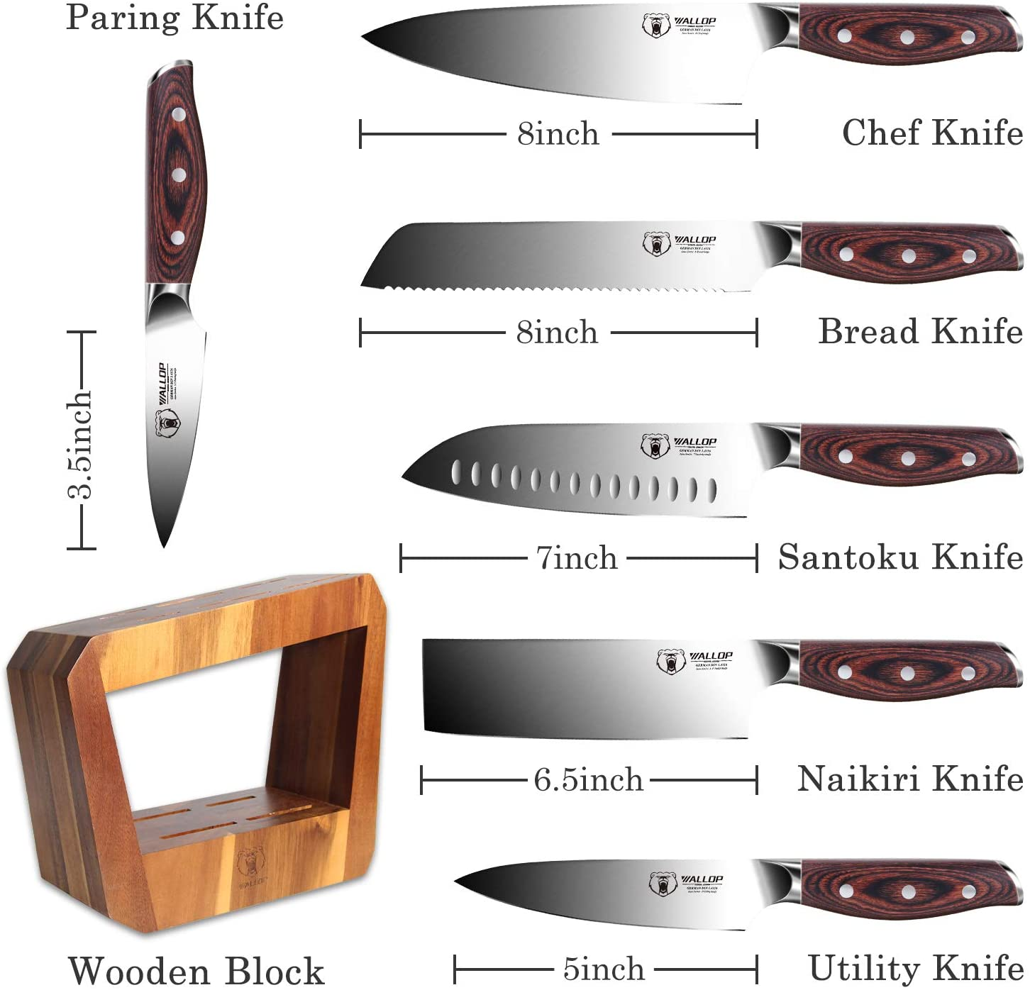 WALLOP Kitchen Knife Set - 7 Piece Knife Set with Wooden Block - German 1.4116 HC Steel Kitchen Sets - Triple Rivet Pakkawood Handle Professional Sharp Knife Block Set - Jane Series