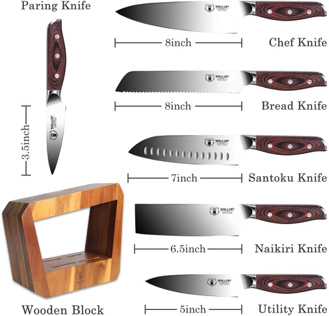 Image of WALLOP Kitchen Knife Set - 7 Piece Knife Set with Wooden Block - German 1.4116 HC Steel Kitchen Sets - Triple Rivet Pakkawood Handle Professional Sharp Knife Block Set - Jane Series