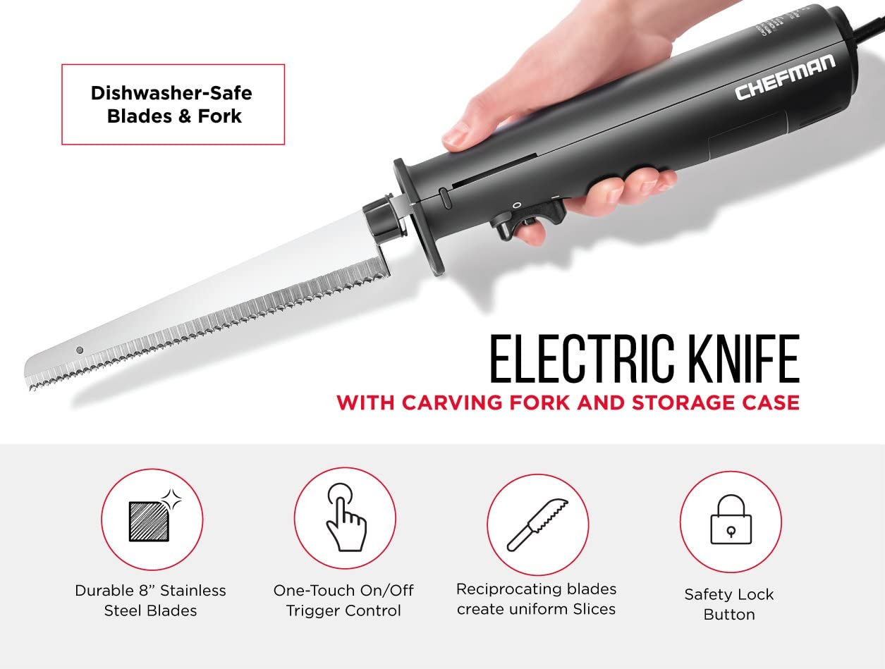 Chefman Electric Knife with Bonus Carving Fork & Space Saving Storage Case Included One Touch, Durable 8 Inch Stainless Steel Blades, Rubberized Black Handle, BPA Free, 120 Volts and Watts