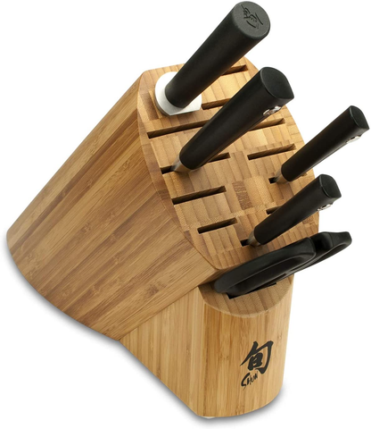 Image of Shun Sora 6-Piece Block Set Including 3.5-Inch Paring Knife, 6-Inch Utility Knife, 8-Inch Chef’S Knife, Herb Shears, Combination Honing Steel and 11-Slot Bamboo Block; Stainless Steel Knife Set