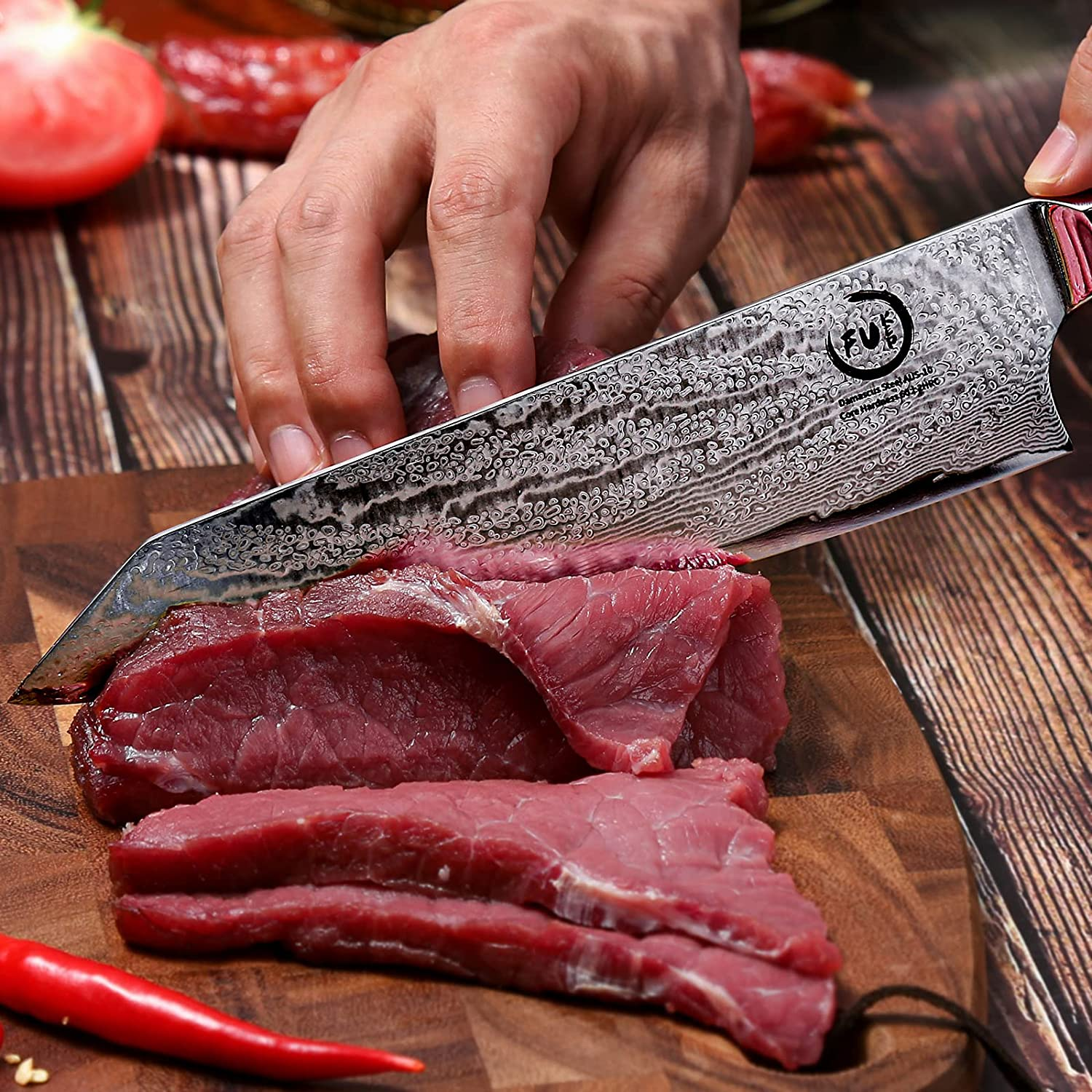 Chef Knife 8 Inch, Fukep Ultra Sharp Damascus Chef Knife AUS10 Core Steel 72 Layers High Carbon Steel Japanese Kitchen Knife Ergonomic Mahogany Handle Kitchen Gifts