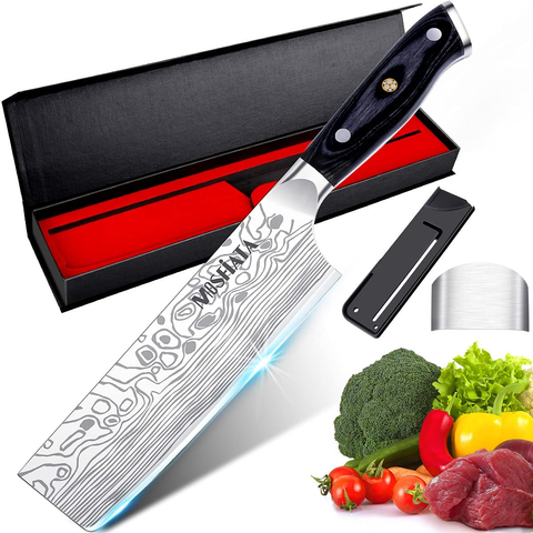 Image of Mosfiata 7” Nakiri Chef'S Knife with Finger Guard and Blade Guard in Gift Box, German High Carbon Stainless Steel EN1.4116 Nakiri Vegetable Knife, Multipurpose Kitchen Knife with Micarta Handle