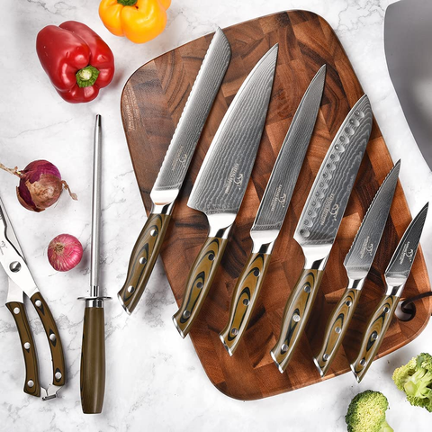 Image of Kitchen Damascus Knife Set, 9-Piece Kitchen Knife Set with Block, Non-Slip G10 Ergonomic Triple Rivet Handle for Chef Knives, Knife Sharpener and Kitchen Shears, Natural Wood Block (Black)