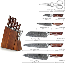 XINZUO 7PC Kitchen Knife Set with Block Wooden, Professional Damascus Steel Chef Knife Santoku Bread Utility Fruit Knife with Multifunctional Kitchen Shears,Ergonomic Rosewood Handle- Yi Series