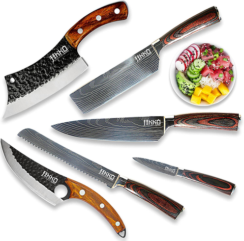 Image of JIKKO New 67 Layers Carbon Steel Japanese Knife Set - Original Series - Kitchen Knife Set with Walnut and Mahogany Wood Handles - 6 Japanese Chef'S Knives with Exceptional Sharpness - HRC60 Approved