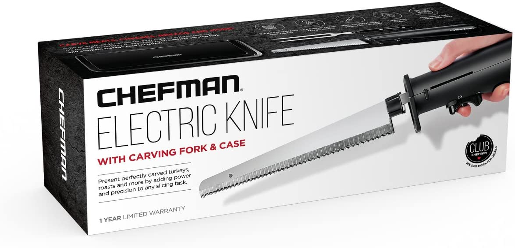 Chefman Electric Knife with Bonus Carving Fork & Space Saving Storage Case Included One Touch, Durable 8 Inch Stainless Steel Blades, Rubberized Black Handle, BPA Free, 120 Volts and Watts