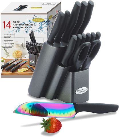 Image of DISHWASHER SAFE KYA25 Rainbow Titanium Cutlery Knife Set, Marco Almond 14-Piece Kitchen Knives Block Sets, Black