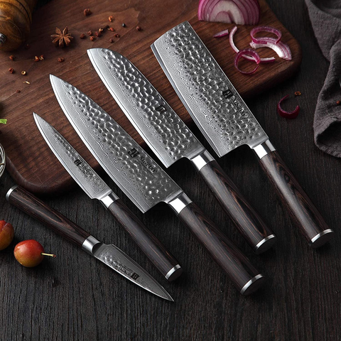 Image of XINZUO 7PC Damascus Steel Kitchen Knife Set with Acacia Wood Block,Multifunctional Kitchen Scissors,Professional Sharp Chef Knife Forged Vegetable Knife with Pakkawood Handle- He Series