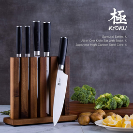 KYOKU 5-Knife Set with Block, 8” Chef Knife + 8” Bread Knife + 6.5” Carving Knife + 5” Utility Knife + 3.5” Paring Knife – Premium Japanese Steel Cutlery Kitchen Knives Set with Wooden Block