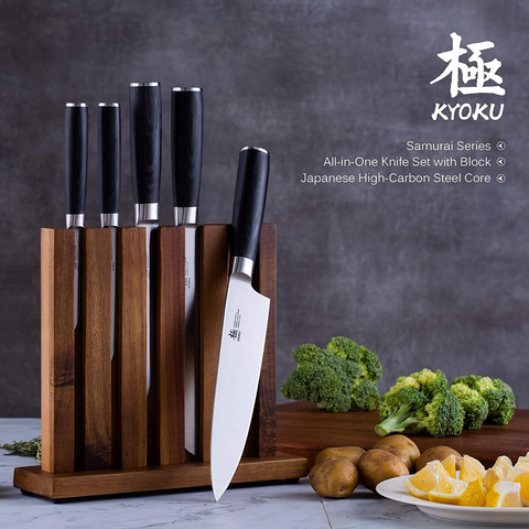 Image of KYOKU 5-Knife Set with Block, 8” Chef Knife + 8” Bread Knife + 6.5” Carving Knife + 5” Utility Knife + 3.5” Paring Knife – Premium Japanese Steel Cutlery Kitchen Knives Set with Wooden Block