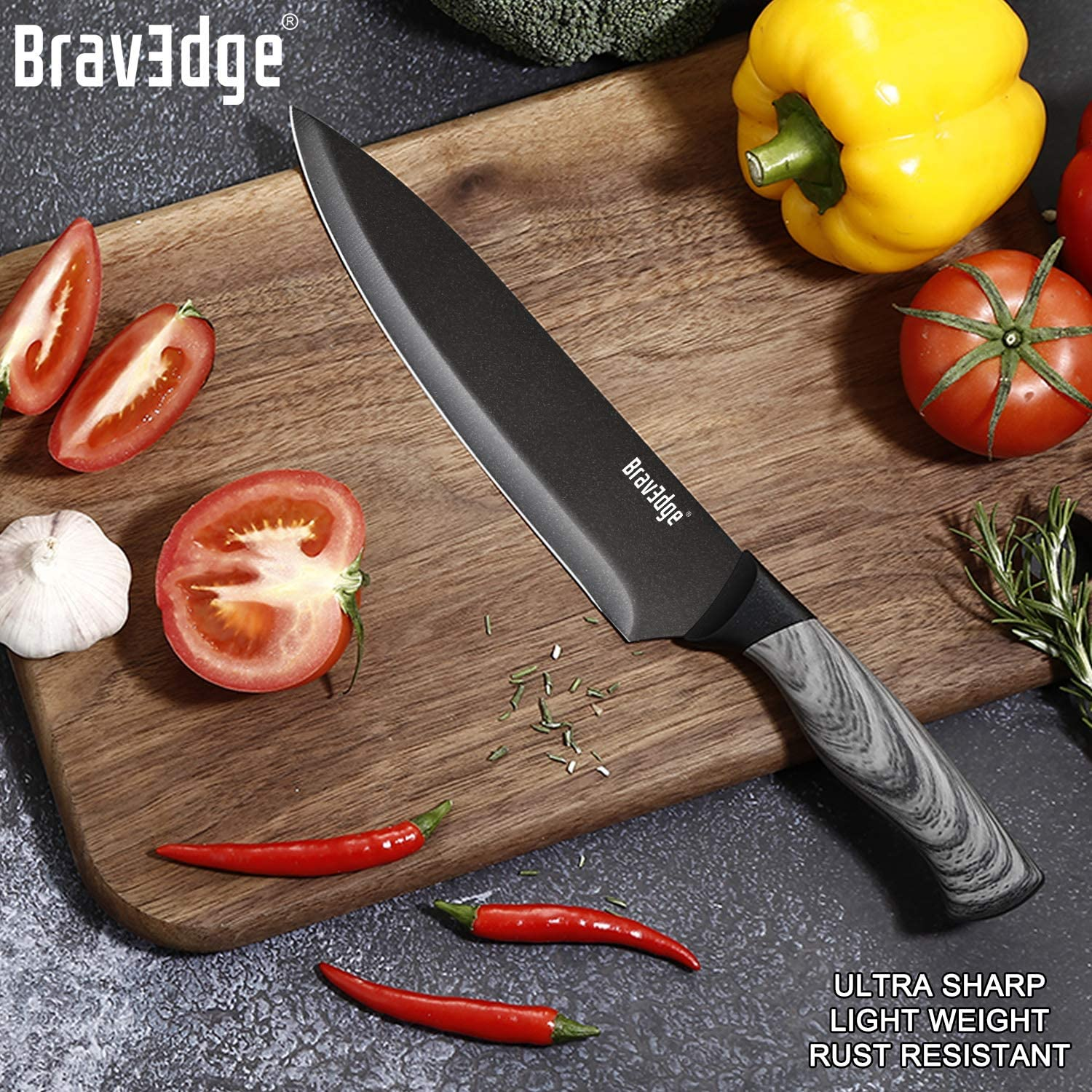 Bravedge Chef Knife, 8 Inch Kitchen Knife with Sheath, High Carbon Stainless Steel Ultra Sharp Cooking Knife with Ergonomic Handle, Well Balanced & Easy to Clean & Dishwasher Safe