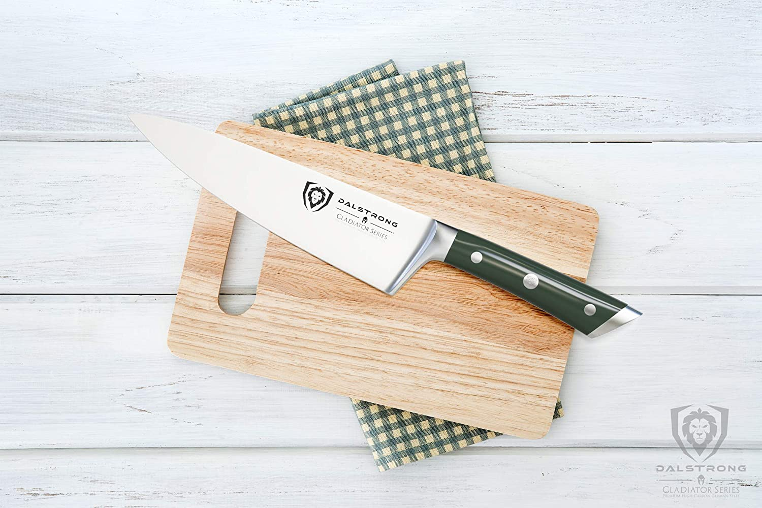 DALSTRONG Chef Knife - 8 Inch - Gladiator Series - Forged High Carbon German Steel - Razor Sharp Kitchen Knife - Full Tang - Army Green ABS Handle - Sheath Included - NSF Certified