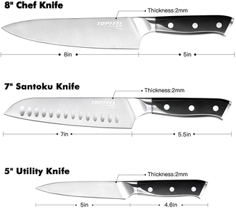 Professional Chef Knife Set Sharp Knife, German High Carbon Stainless Steel Kitchen Knife Set 3 Pcs-8"Chefs Knife &7"Santoku Knife&5"Utility Knife, Knives Set for Kitchen with Gift Box