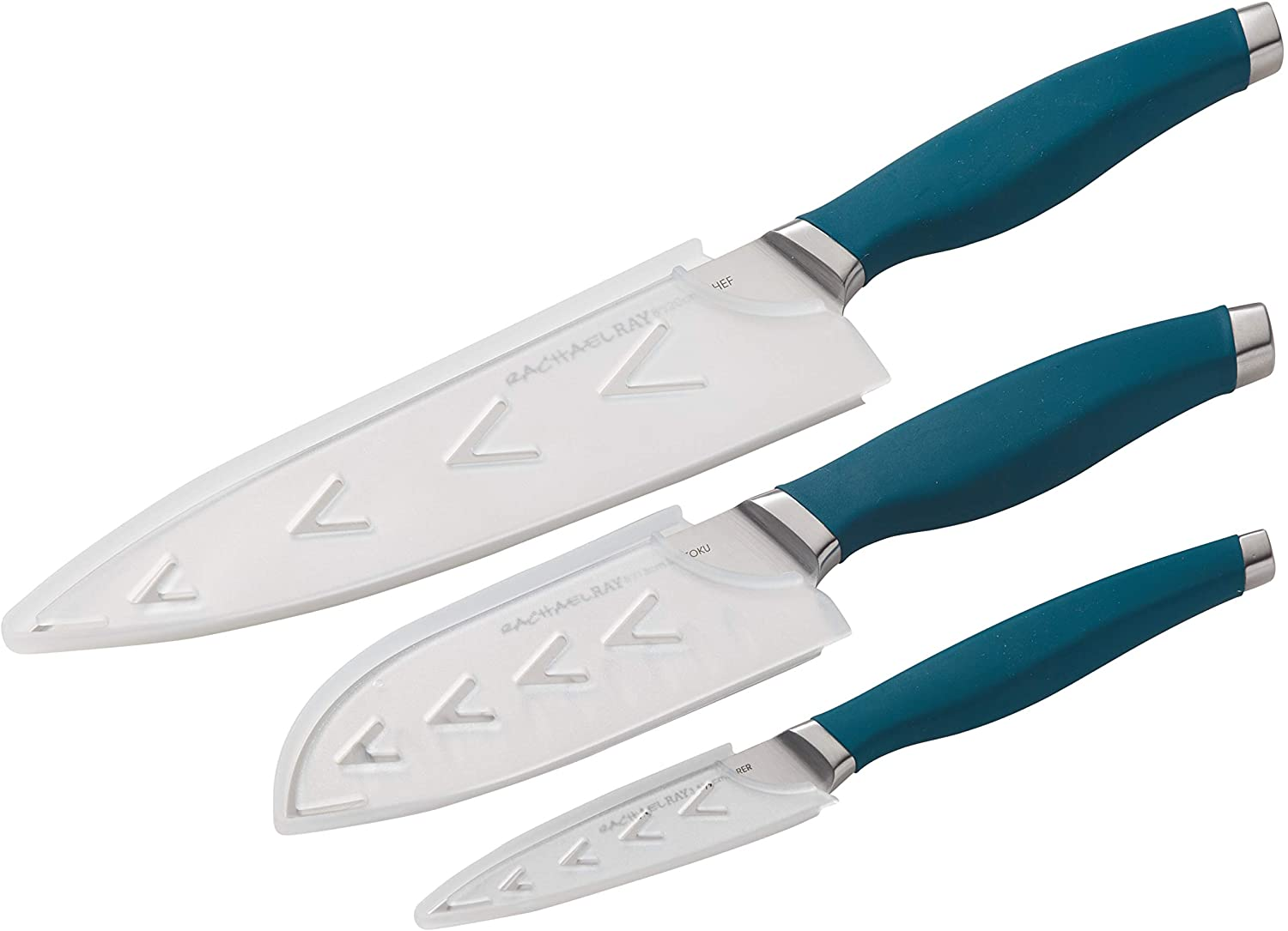 Rachael Ray Cutlery Japanese Stainless Steel Knives Set with Sheaths, 8-Inch Chef Knife, 5-Inch Santoku Knife, and 3.5-Inch Paring Knife, Teal